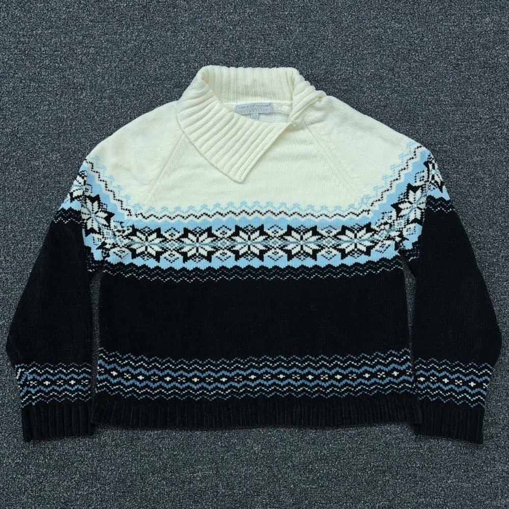 Vtg Carolyn Taylor Nordic Fair Isle Snowflake Shawl Collar Womens XL Sweater Blk